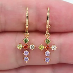 Pendientes colgantes cruzados de circonita cúbica colorida de Color dorado de joyería de moda para mujer