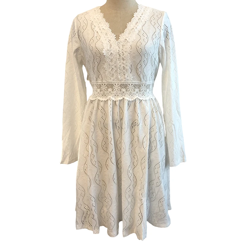 

Elegant White Women's Mini Dress Lace Hollow Out Beach Sundress V Neck Lantern Long Sleeve Dresses Female Vestidos Платье