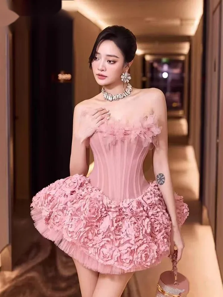 Fashion Pink 3D Flowier Strapless Dress Women's Slim Fishbone Waist Contraction Mini Ball Gown Dresse 10NW