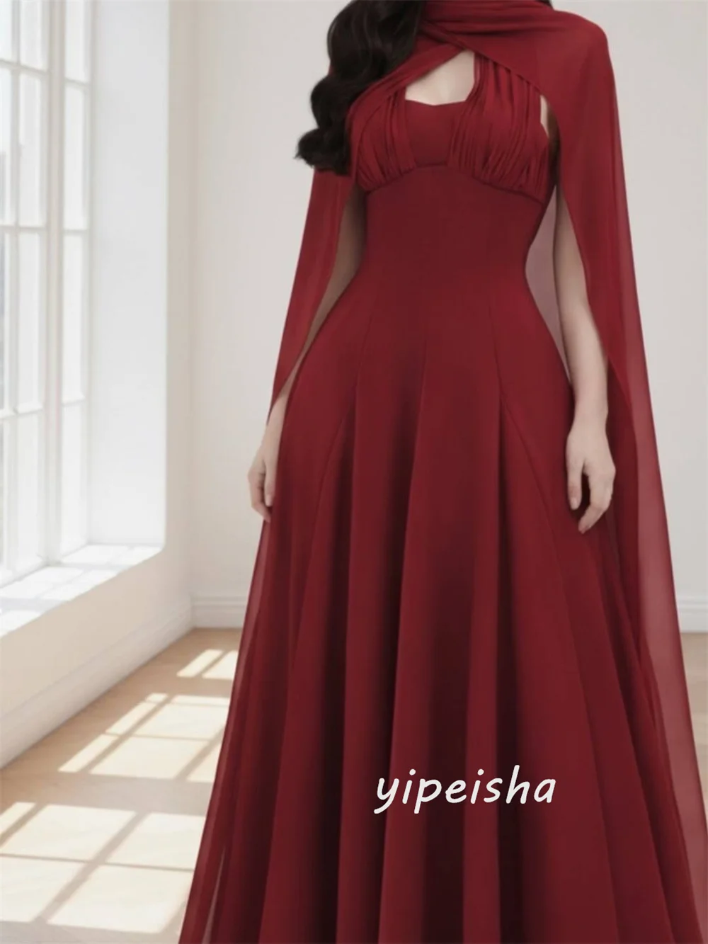 Customized Burgundy Simple Sizes Available Jersey Pleat Ruched Shawl A-line Halter  Ankle Length Evening Dresses Sizes Available