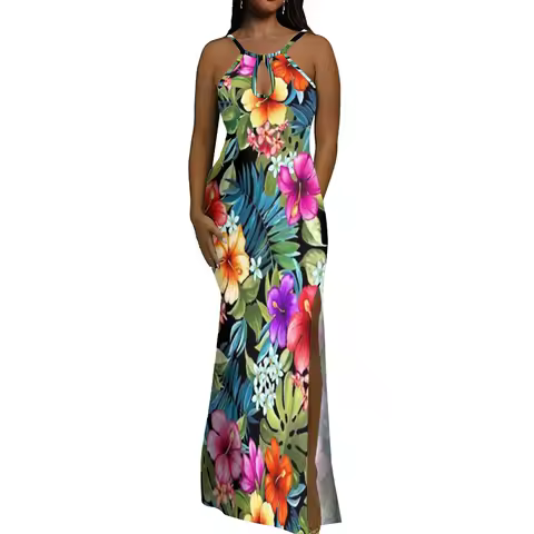 Halter Water Drop Floor-Length Dress For Polynesian Ladies Custom-Made Floral Pattern Evening Dress Stunning Summer Dress