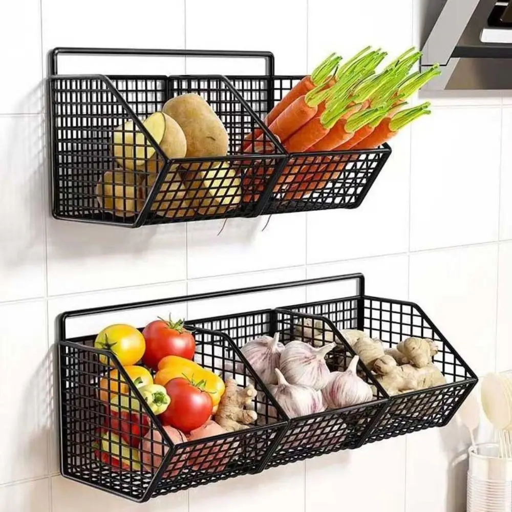 Cesta de almacenamiento de cocina montada en la pared, rejilla sin perforaciones, estante de almacenamiento de frutas y verduras, estante de acero al carbono para cebolla, jengibre, ajo, especias