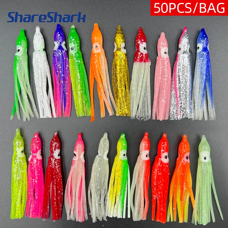 ShareShark 50pcs/bag Mixed Colors Luminous Octopus Skirts Trolling Lure, Soft Squid Lure, Fishing Squid Skirts Glow Lures