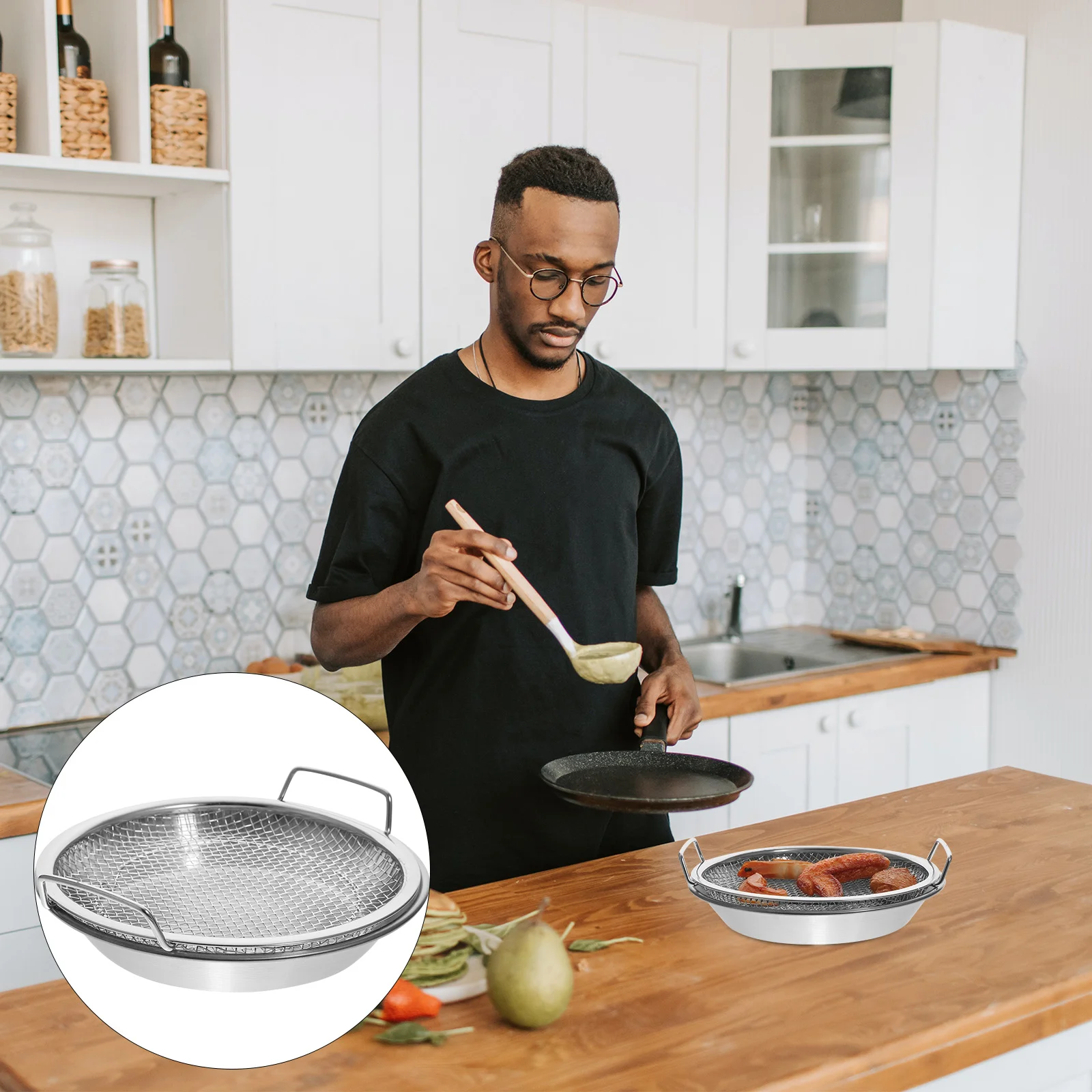 

Drain Tray with Frying Net Pans Fried Food Container Platter Stainless Steel Plate Oven Air Fryer Baking for Snack Household