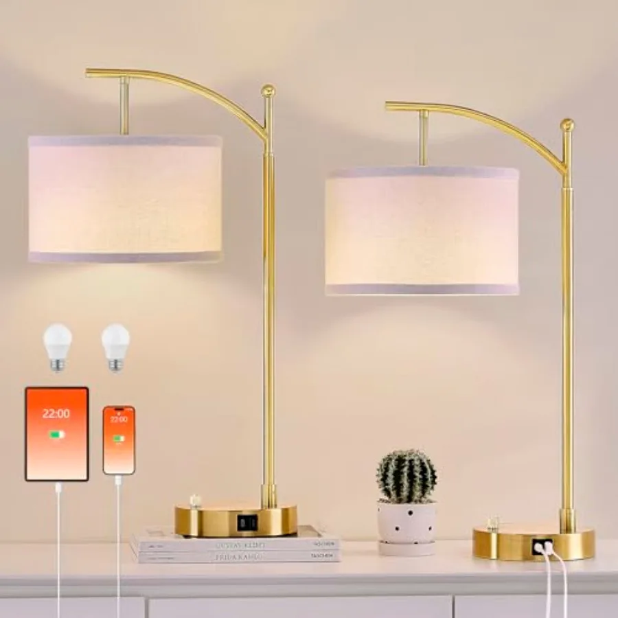 

Настольные лампы для гостиной и спальни, 23,5 дюйма, комплект из 2 штук с USB-портами C+A, прикроватные лампы для тумбочки с льняным абажуром