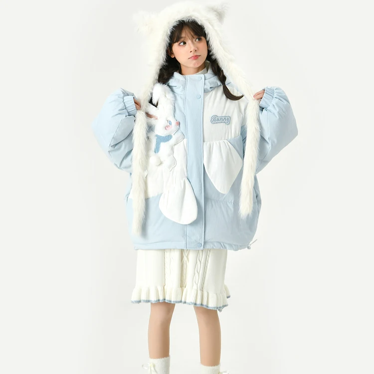 Cute Blue 3D Bunny Down Jacket Winter Warm Short Jacket Woman Sweet Loose Down Jacket