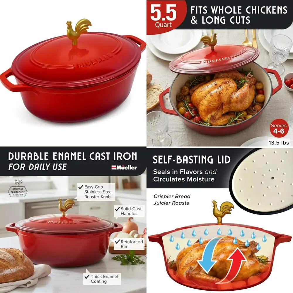 

Овальная голландская духовка из эмалированного чугуна, 5,5 литра, сверхпрочная посуда, ручка для петуха, безопасная для духовки до 500 лет. ° F, подходит для всех приготовления пищи