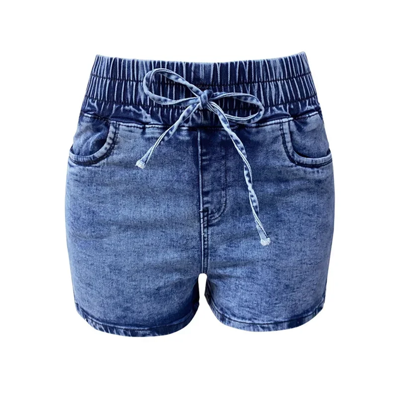 Women Stretch Lace-up Elastic Waist Denim Shorts Summer High-Waist Three Quarter Pants Female Casual Mini Tight Straight Jeans 4