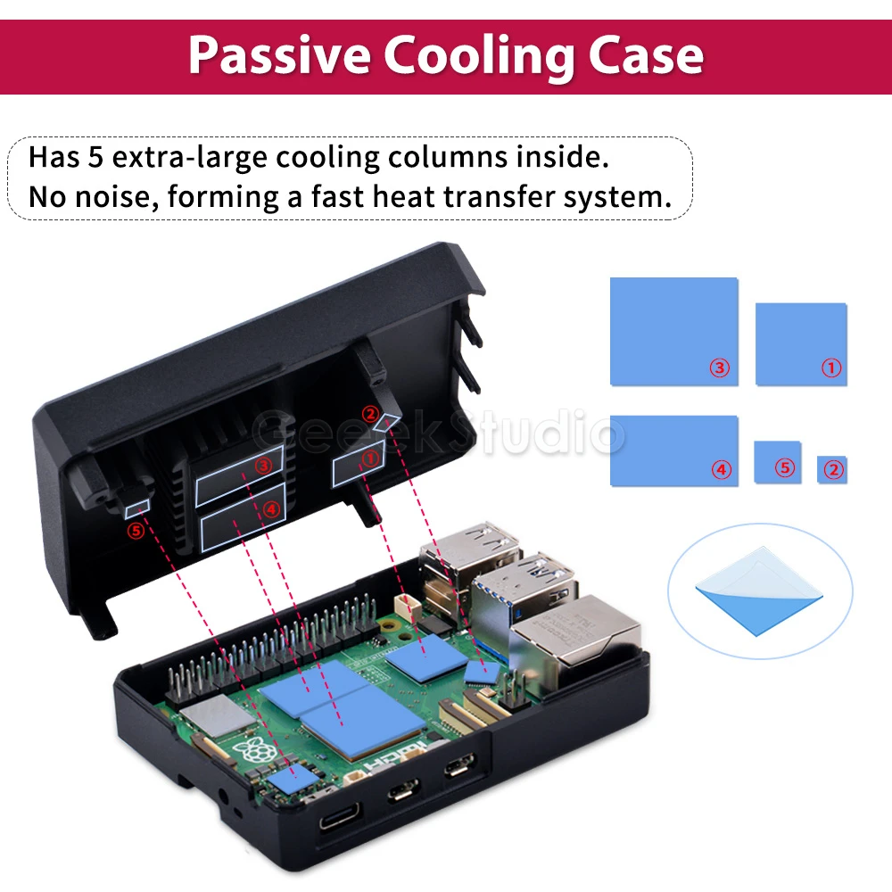 Rüstungs gehäuse v5 schwarze Aluminium legierung passive Kühl gehäuse für Himbeer-Pi 5