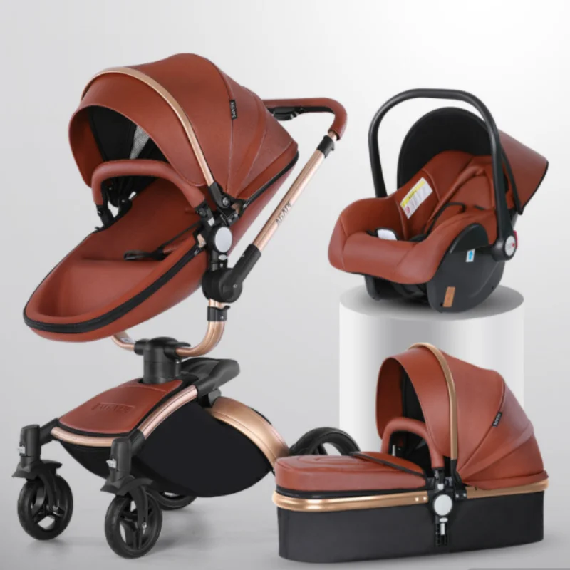 Luxury Baby Stroller,AGAPE Leather High View 3 in 1 Stroller For 0-3 Years,360 Ratetion Design High Quality 4 Wheels Baby Pram