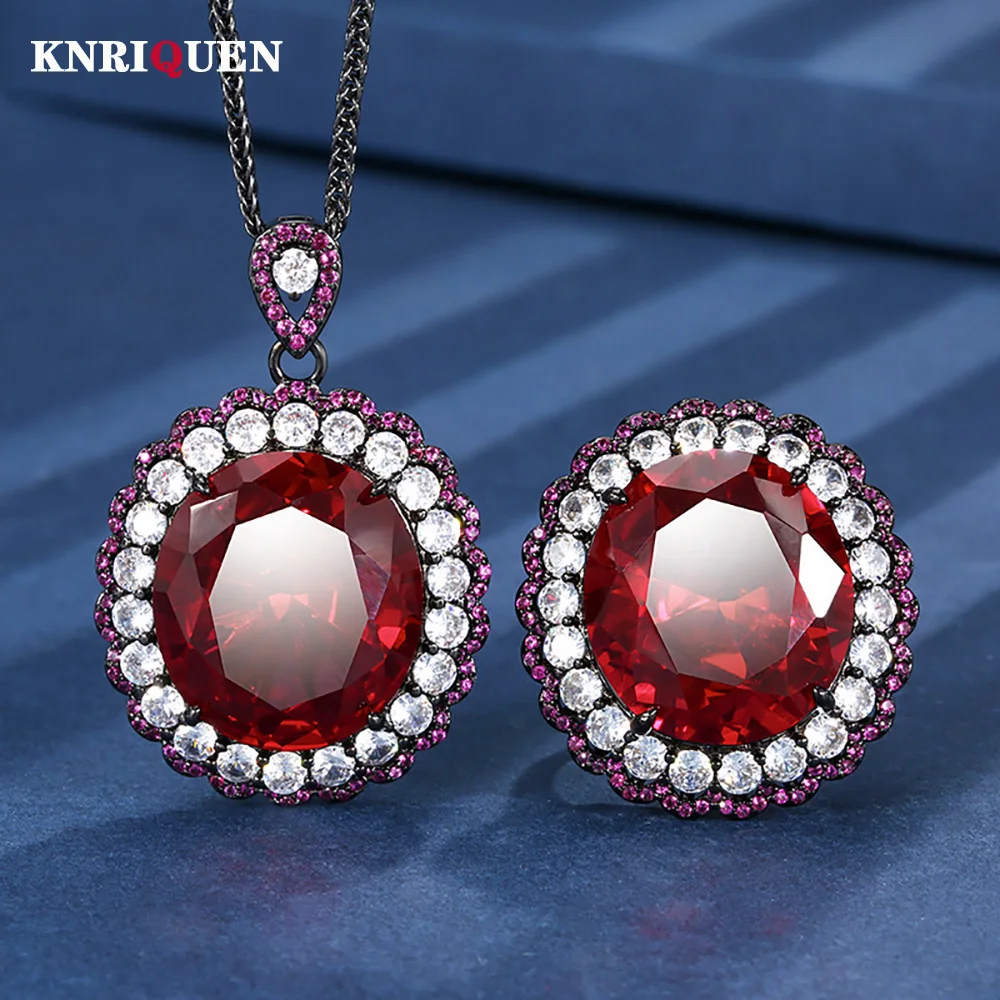 

2025 Trend 18*20mm Ruby Sapphire Necklace Pendant Ring Vintage Gemstone Lab Diamond Fine Jewelry Sets for Women Anniversary Gift