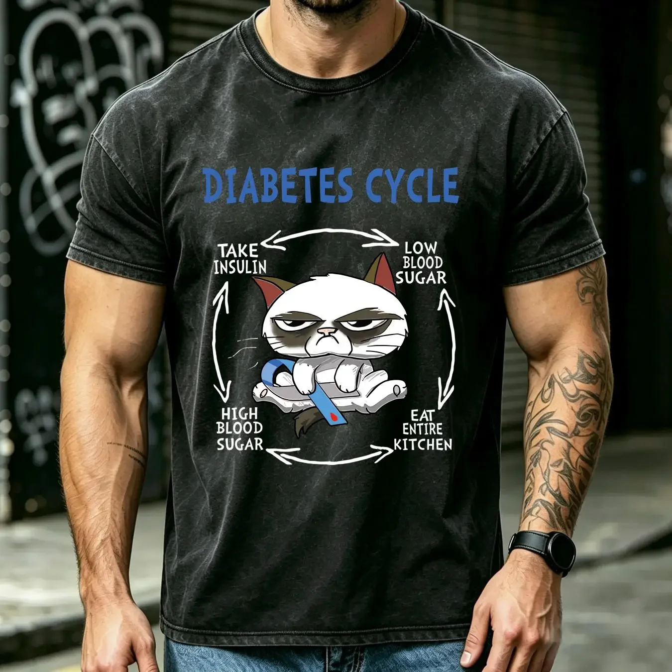washed T Shirt Diabetes Cycle Awareness Funny Cat Lover SweaT long or short sleeves vintage Washed Stylish Versatile streetwear