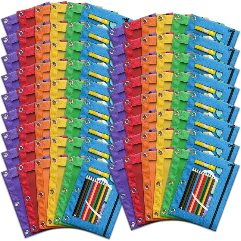 

s Pencil Pouch for 3 Ring Binder, Bulk 102 Pack 3-Holes Zipper Pencil Pouches in Assorted Colors, Sturdy and Durable Clot