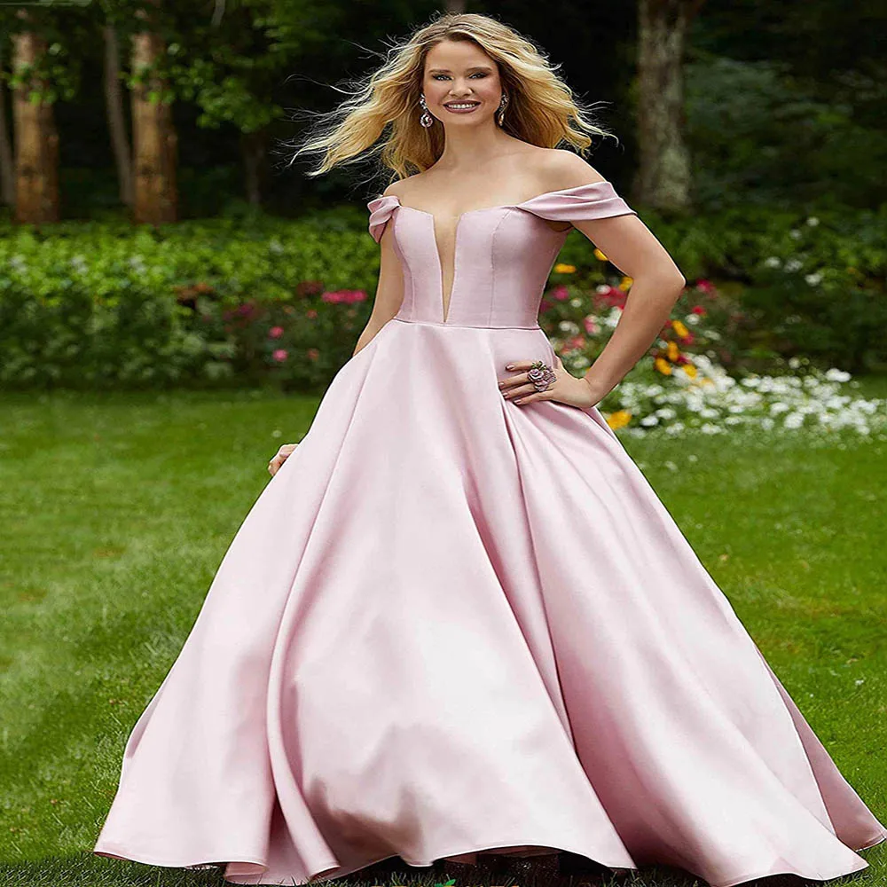 Retro Pink Prom Evening Dresses Satin Off The Shoulder A-line Floor Length Formal Woman Party Dresses  Back Lace Up