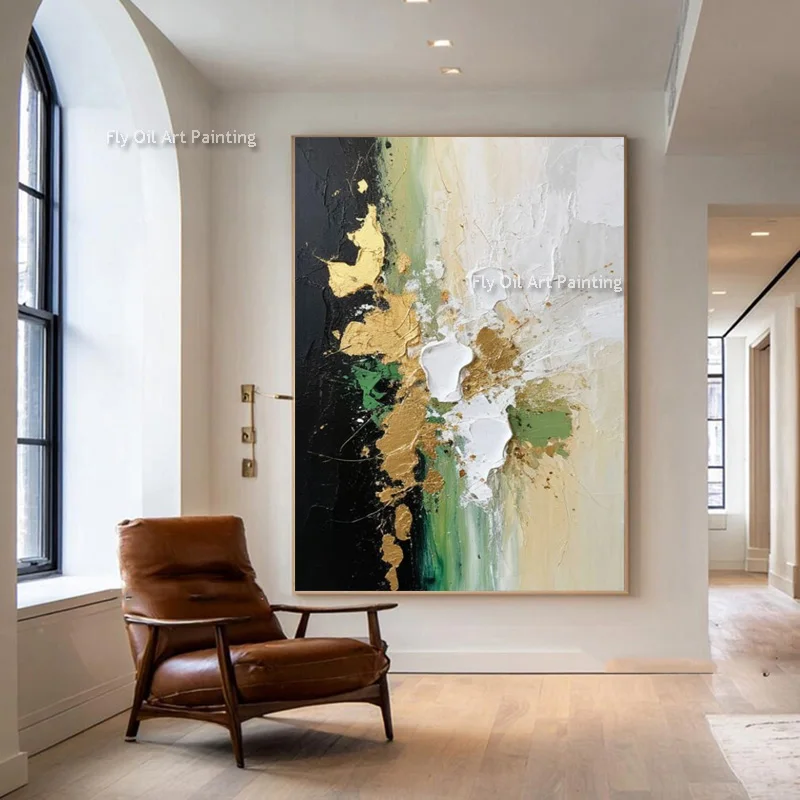 Artisan Knife-Wrought Abstract Oil Painting, Hand-Gilded Gold Splatter Impasto Canvas, Vertical Foyer Statement Wall Decor