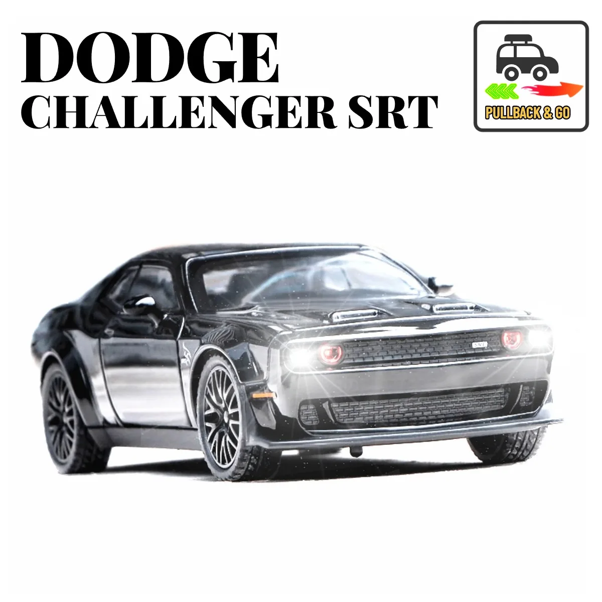 

1:32 Dodge Challenger Pullback Car Toy with Lights Engine Sound, Scale Diecast Car Model Miniature Replica Kid Boy Play Gift