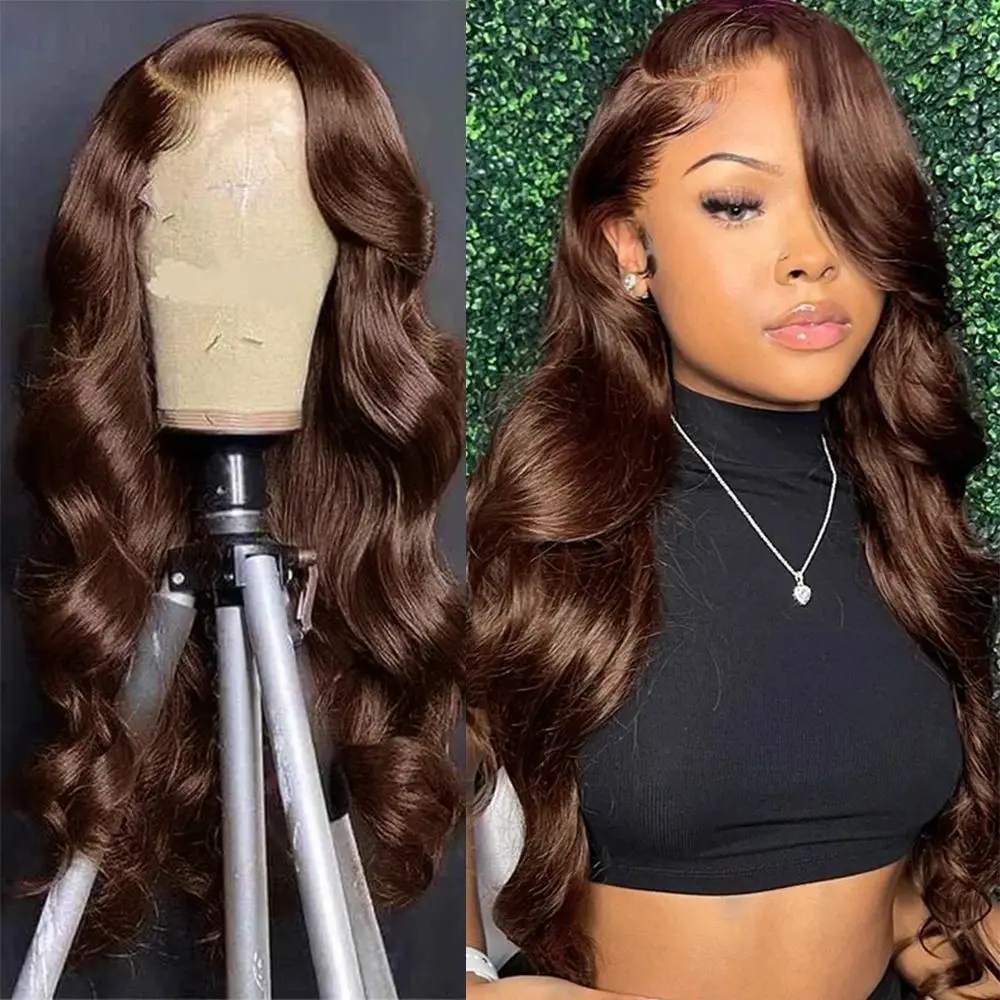 

Chocolate Brown Body Wave Lace Front Wig 13x6 HD Transparent Lace Frontal Wig Human Hair Preplucked Colored Human Hair Wigs 180%