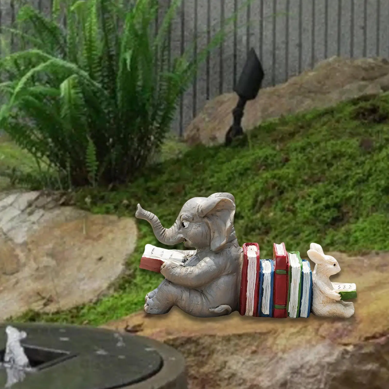 Elephant Rabbit Reading Book Statue Animals Figurine for Cabinet Living Room