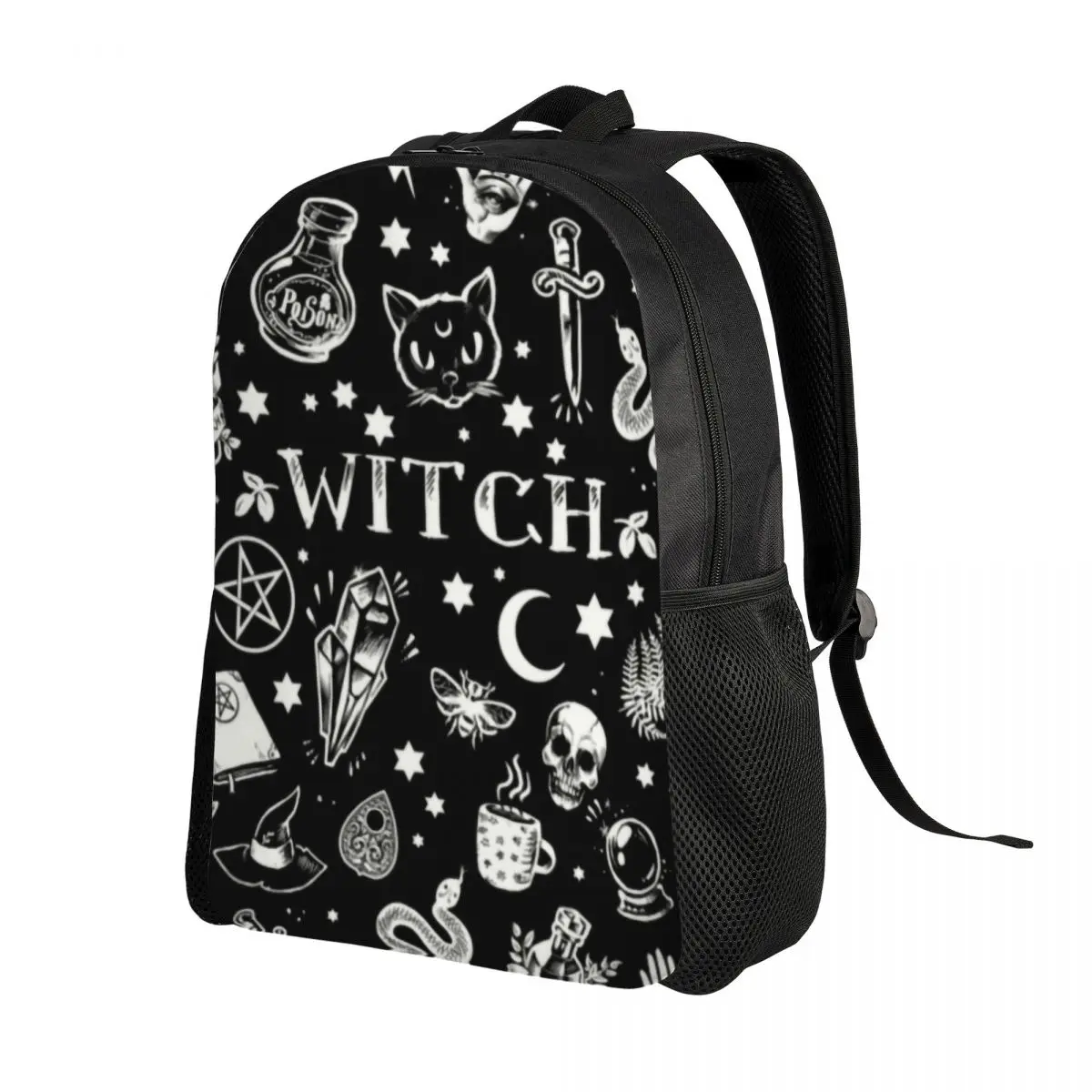 Witch Pattern Backpack para homens e mulheres, resistente à água, escola universitária, Halloween, Cat Skull, Print Bookbags