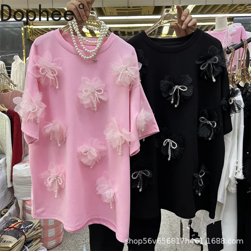 

Round Neck Mid-long Women T-shirt 2025 New Summer Beads Flowers Oversize Pullover Top All-match Short Sleeve Cotton Basic Tees