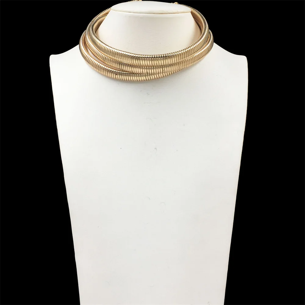 New Bohemia Gold Color Spring Shape 3 Row Necklace For Women Girl Classic Elegant Chunky Fashion Jewelry