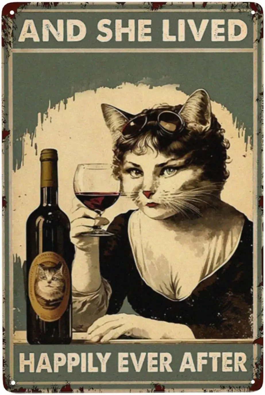 Plaque en métal vintage avec motif de chat - Décoration murale amusante pour bar, pour femmes, impression artistique rétro en métal, cadeau encourageant, elle a vécu heureuse à jamais