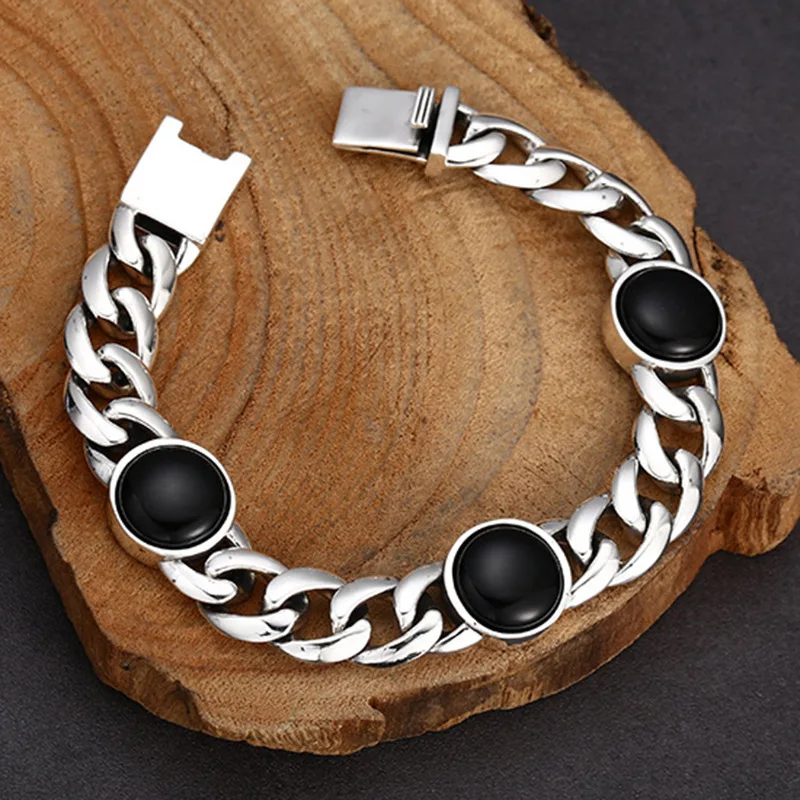 

New Arrival Black Round Crystal Bracelet Men Jewelry Personality Wide Chain Bracelet Male Hand Accessories 22 CM 20 18 Length
