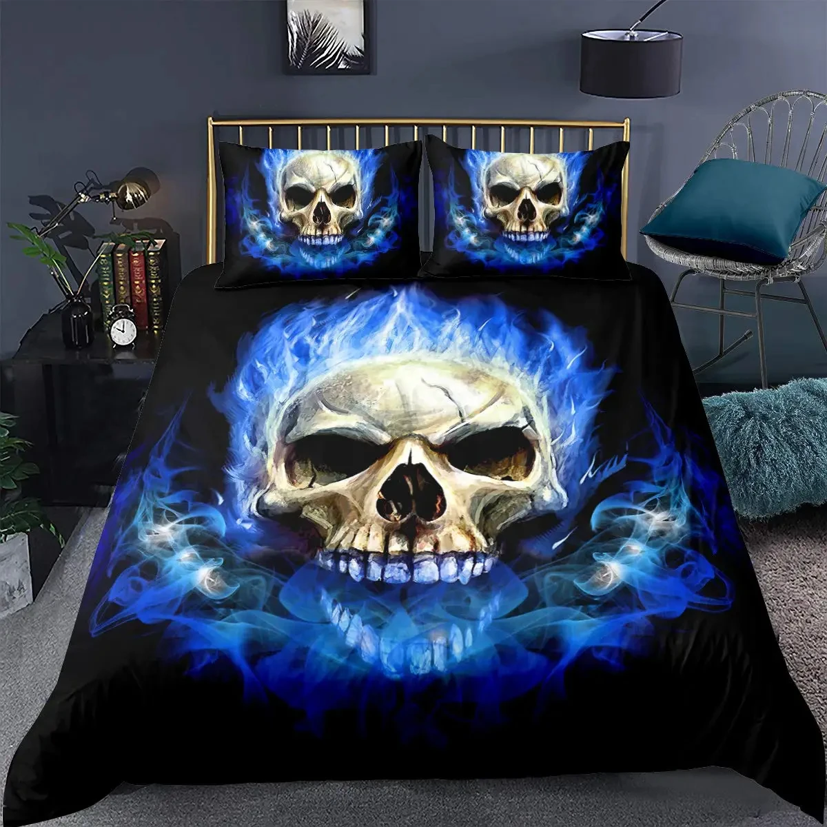 Black Blue Flame Skull Duvet Cover Set Full Size 3D Skeleton Bones Bedding Set Gothic Comforter Cover Horror Skull Quilt Cover