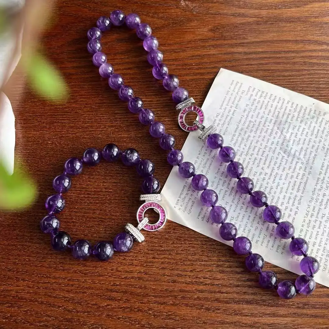 Royal Purple Amethyst Jewelry Set, 12mm Large Natural Crystal Beads with Rich Violet Hue Matching Choker & Bracelet for Her Gift