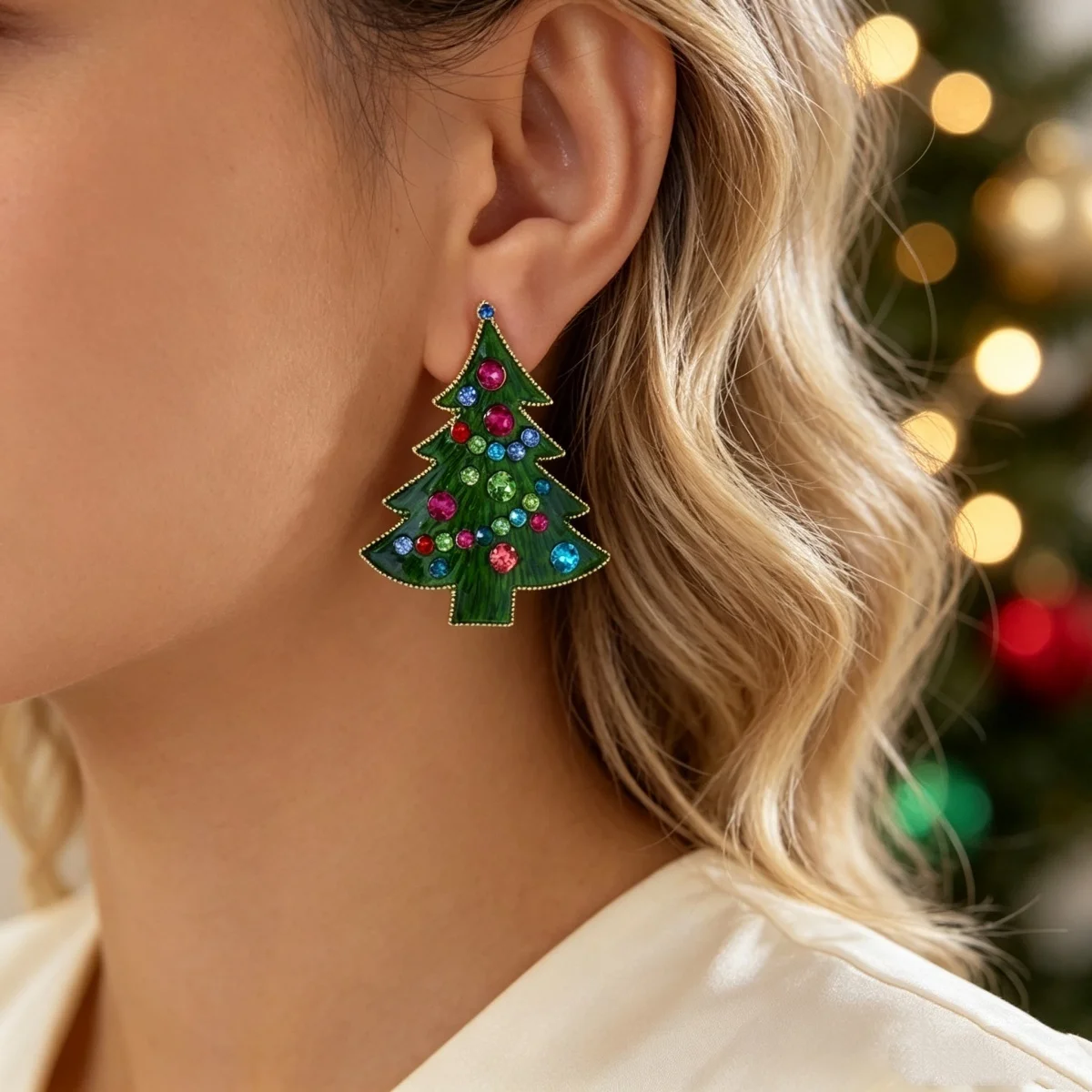 Bunte Strass-Ohrringe mit grüner Emaille, Weihnachtsbaum-Ohrstecker für Frauen, künstliche Perlen, Weihnachtsbaum-Ohrringe, Neujahrsparty-Schmuck – Detail 7