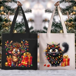 Women Canvas Shoulder Bag Christmas Cat Elk Owl Panda Print Animal Series Shopping Bags Lady Cartoon Xmas Grocery Kids Handbags