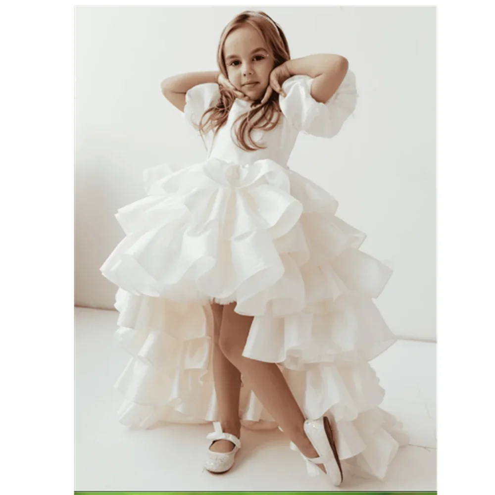 

Flower Girl Dresses Beige Solid Tiered With Bow And Tailing Short Sleeve For Wedding Birthday Party Holy Communion Gowns