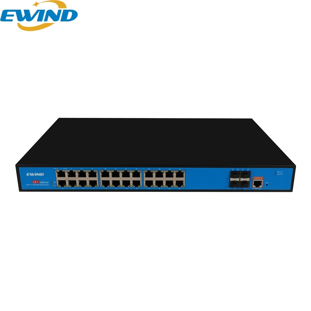 EWIND Gigabit L2+ Managed POE Switch 24*10/100/1000M Base-T RJ45 Ports with 4*1G/2.5G/10G SFP+ Fiber Slot Support QOS/DHCP/VLAN