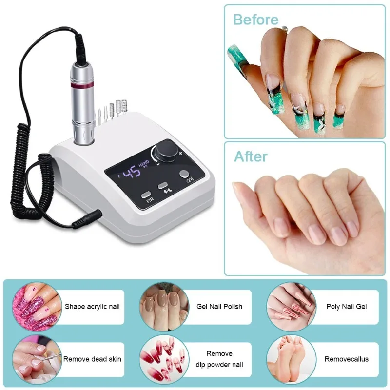 Taladro Eléctrico para Uñas de 45000 RPM, Lima Eléctrica con Pantalla HD, Lápiz de Manicura de Metal, Pulidora Profesional para Uñas 6