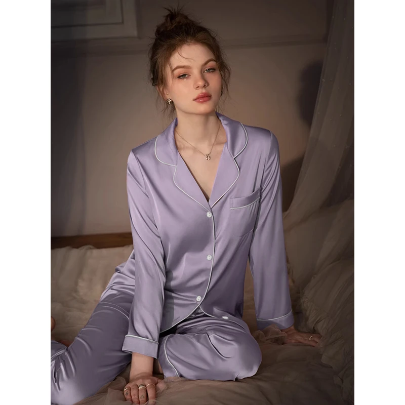 2024 Autumn Spring New Ice Silk Soft Pajamas for Women Cute Cow Stripe Pajamas for Women Lapel Cardigan 2 Piece Outfit Set Women