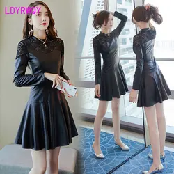 Autumn Dress 2023 New Slim Style Lace Backed Round Neck PU Leather Women's Dress