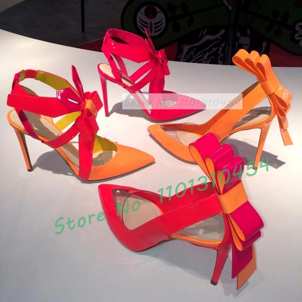 Back Butterfly-knot Pointy Sandals Female Coloful Splicing Pvc Stiletto High Heels Shoes Women Stylish Luxury Summer Party Shoes