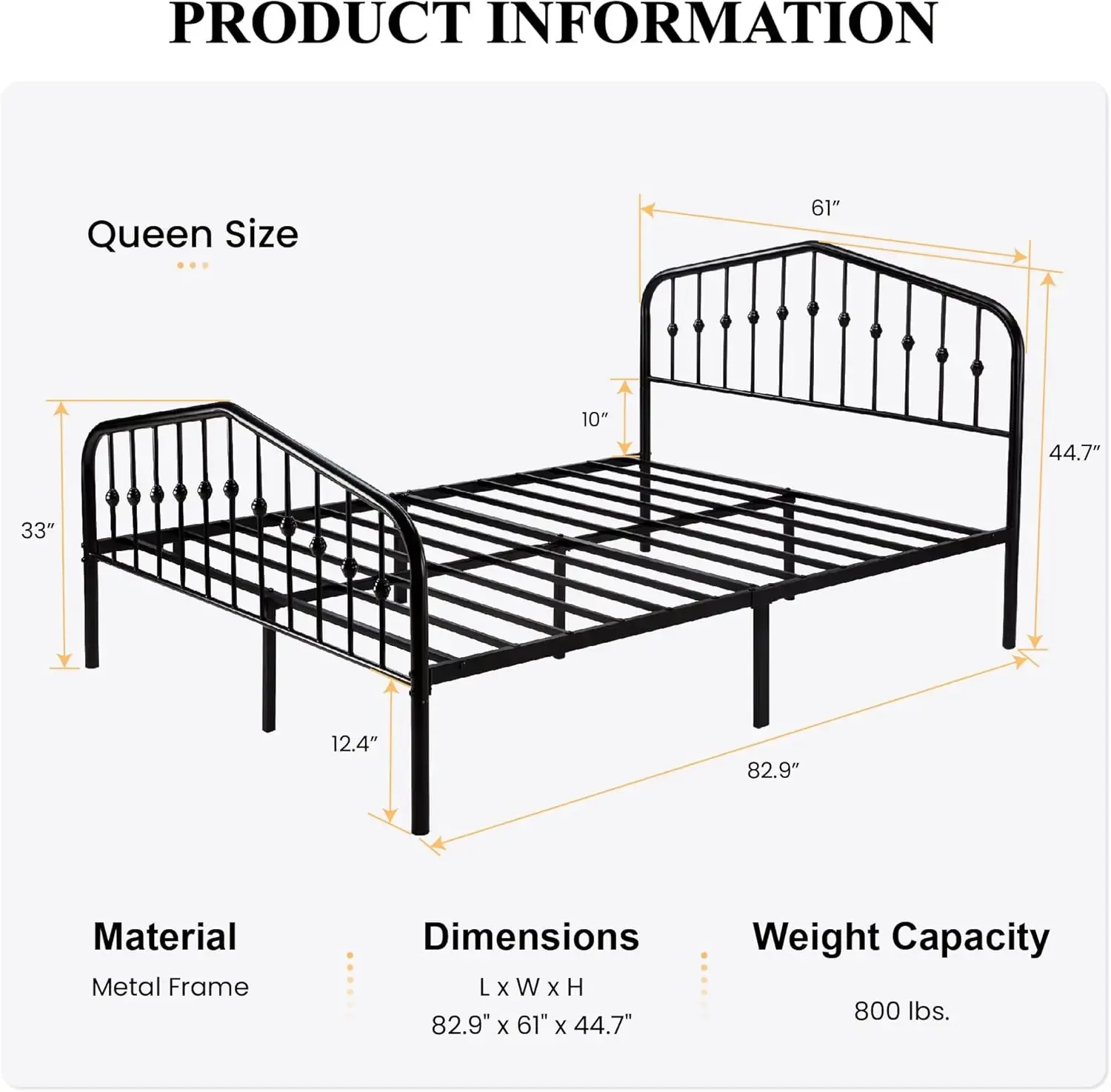 Queen Size Metal Platform Bed Frame with Victorian Style Wrought Iron-Art Headboard/Footboard, No Box Spring Required