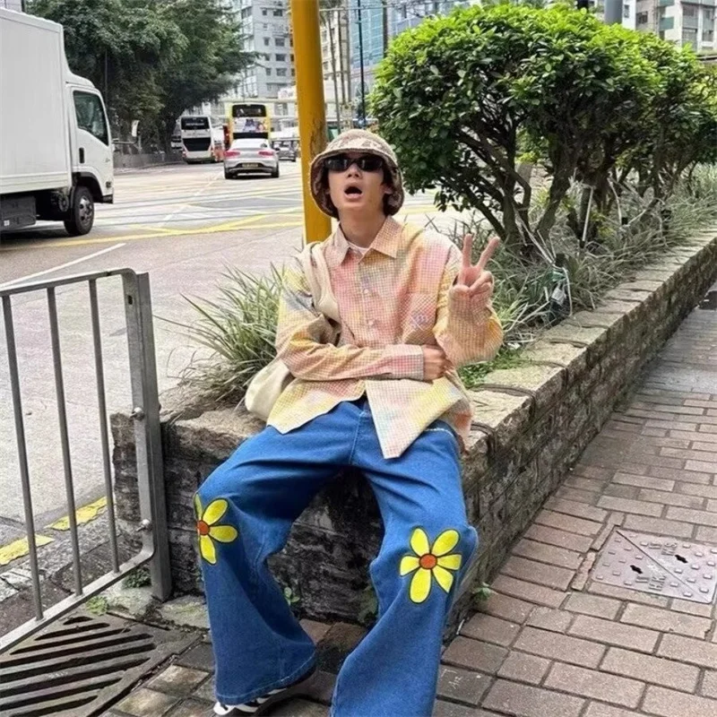 

Autumn Y2K Vintage Daisy Print Denim Pants Men's Aesthetic Flower Wide Leg Jeans 2024 New Hip Hop Fashion Blue Baggy Jean