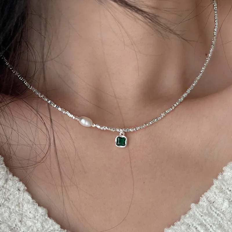 VENTFILLE 925 Sterling Silver Geometry Zircon Necklace for Women Pearl Irregular Bead String Handmade Jewelry Gift Dropshipping