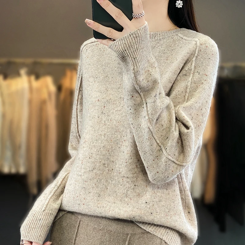 Fashionable All-Match Women's round Neck NEPs Yarn Sweater 100% Pure Wool Loose and Warm Sweater Autumn and Winter New Pullover