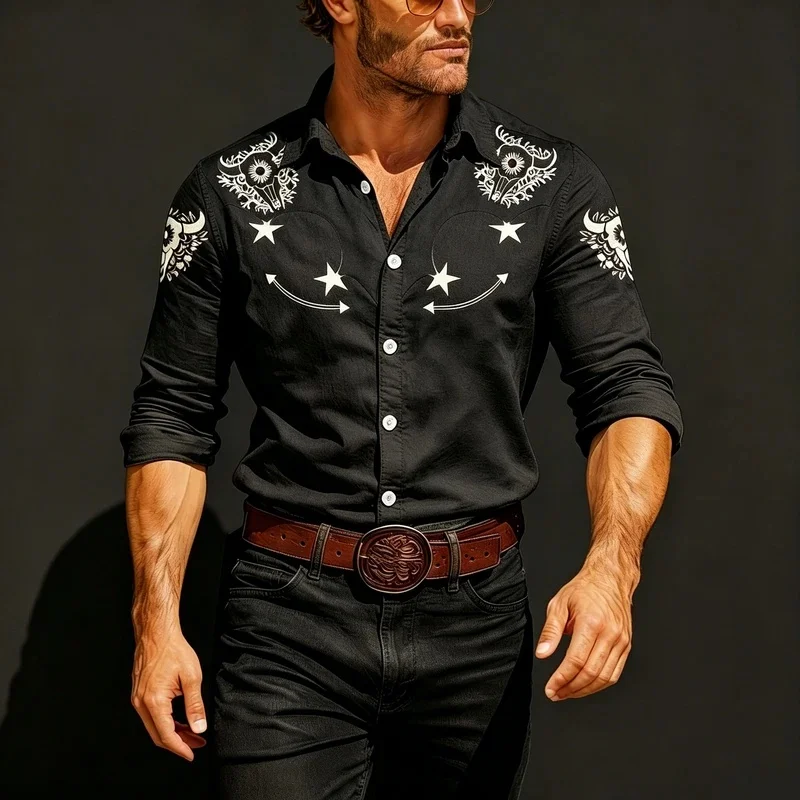 Men's Western-Style Five-Pointed Star Print Long-Sleeved Shirt, Collared Denim Shirt, Versatile Outdoor Men's Top