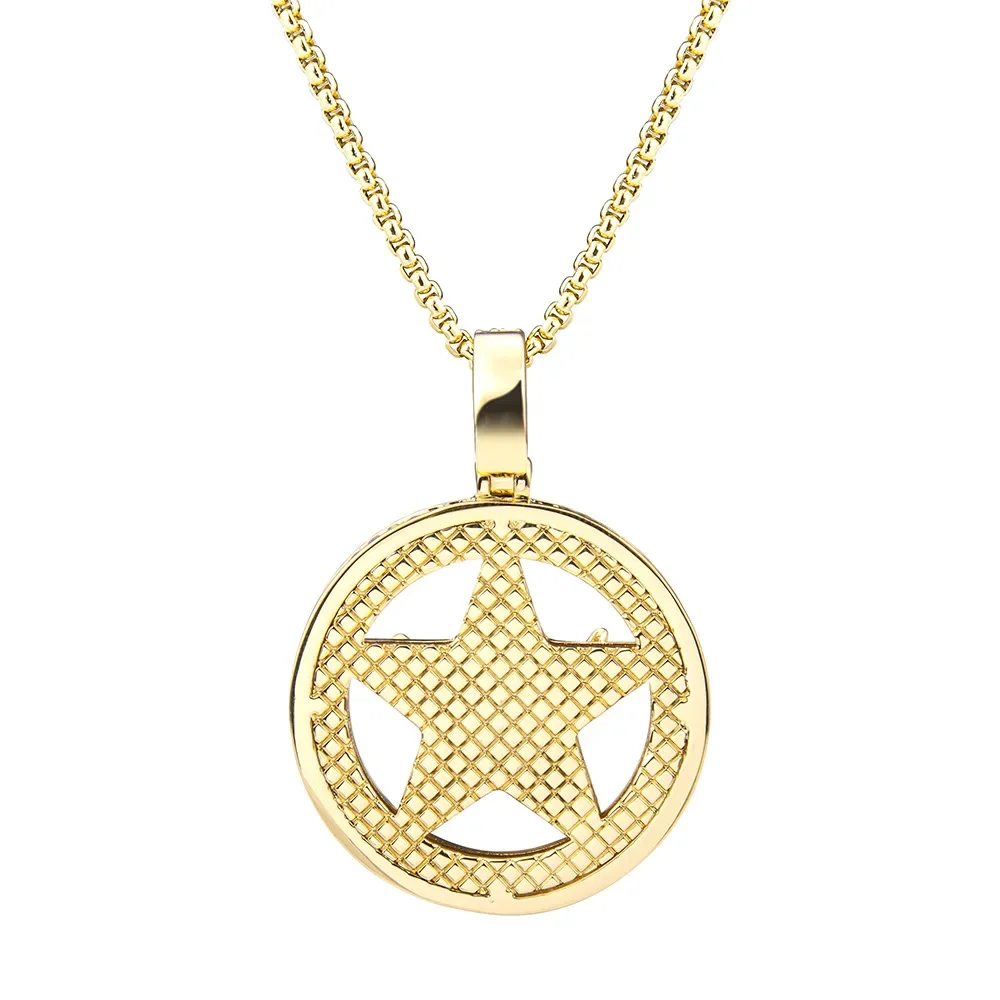 4mm Cuban Link Chain with Round Pentagram Pendant Hip Hop Men's and Women's Bullhead Necklace Gold Plated Jewelry