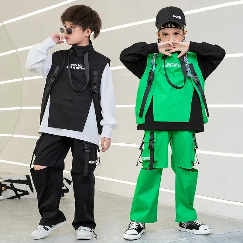 Meisje Jongen Jazz Dans Kostuum Kleding Dragen Kids Festival Hiphop Danskleding Sweatshirt Hoge Hals Vest Tactische Cargo Broek