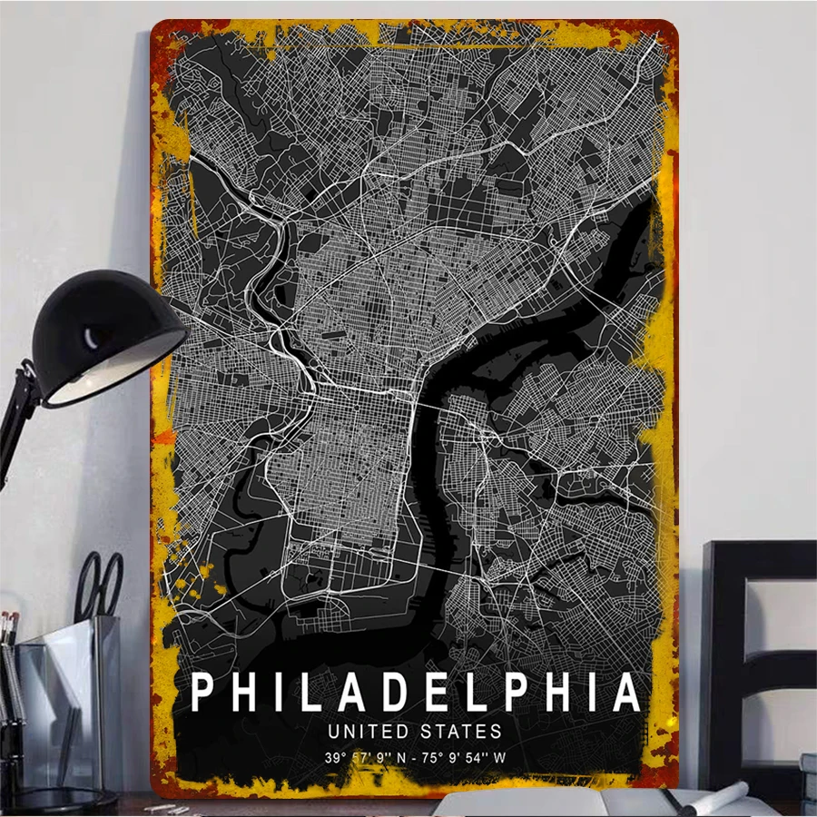 Philadelphia City Map Metal Wall Art United States Modern Minimalist Home Decor 39°57'9N 75°9'54W