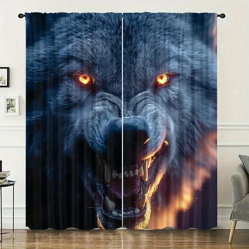 2pcs, 2D 2pcs Angry Wolf Curtains Fierce Animal Face Print Blackout Drape Living Room Bedroom Window Treatment Home Decor