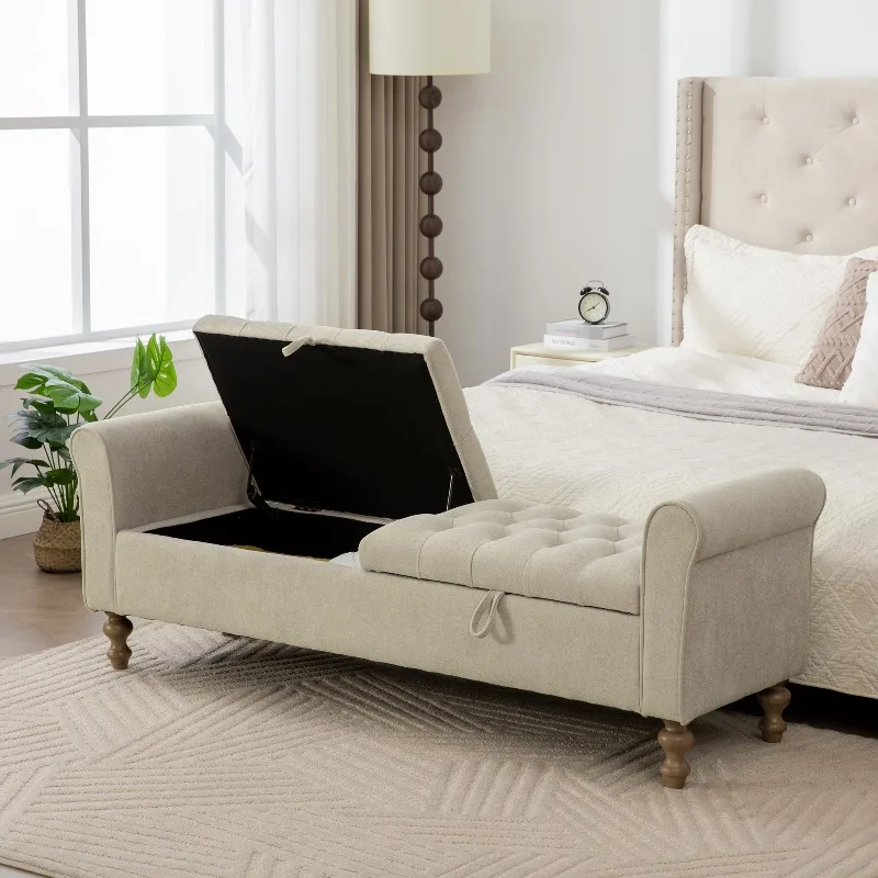 Banc de rangement moderne avec 2 couvercles, ottoman en velours avec accoudoirs roulés, style divan, pieds en bois d'hévéa, pour salon, couloir, chambre, gris beige