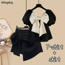 M-4XL Women Sets Summer Bow Elegant Short-sleeve Leisure Cropped Korean Style Irregular Mini Skirts Chic Office Lady OOTD Trendy