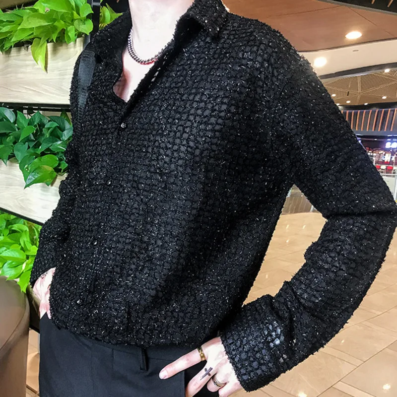 

Vintage Fashion Black White Dress Shirt Man 2021 Shirt Men's Hollow Mesh Lace Long Sleeve Loose Casual Shirts Male Streetwear