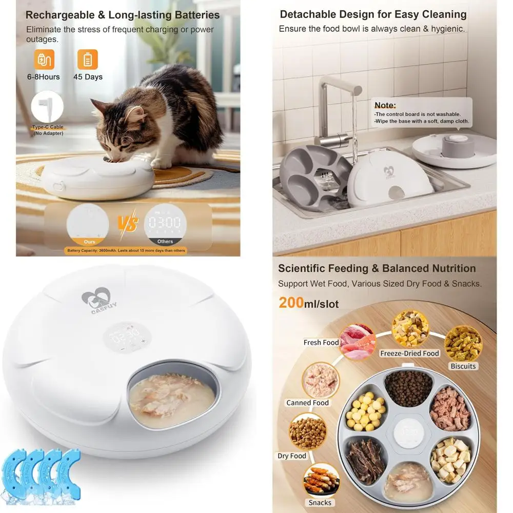 

Cordless Automatic Pet Feeder with 4 Ice Packs, Rechargeable Timer for Wet Food, Suitable for Cats & Small Dogs